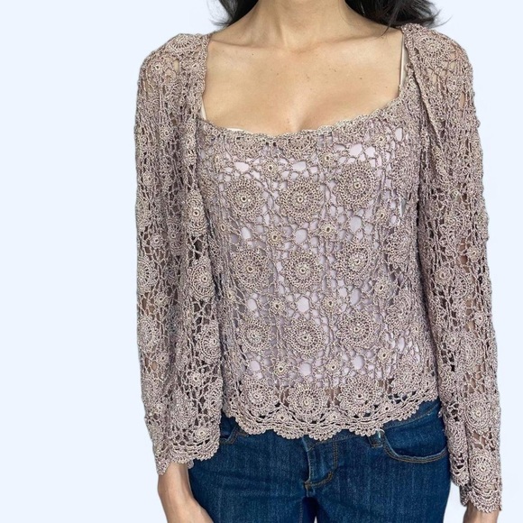 JS Collections Crochet Lace Blouse in Brown and cardigan - Picture 1 of 7